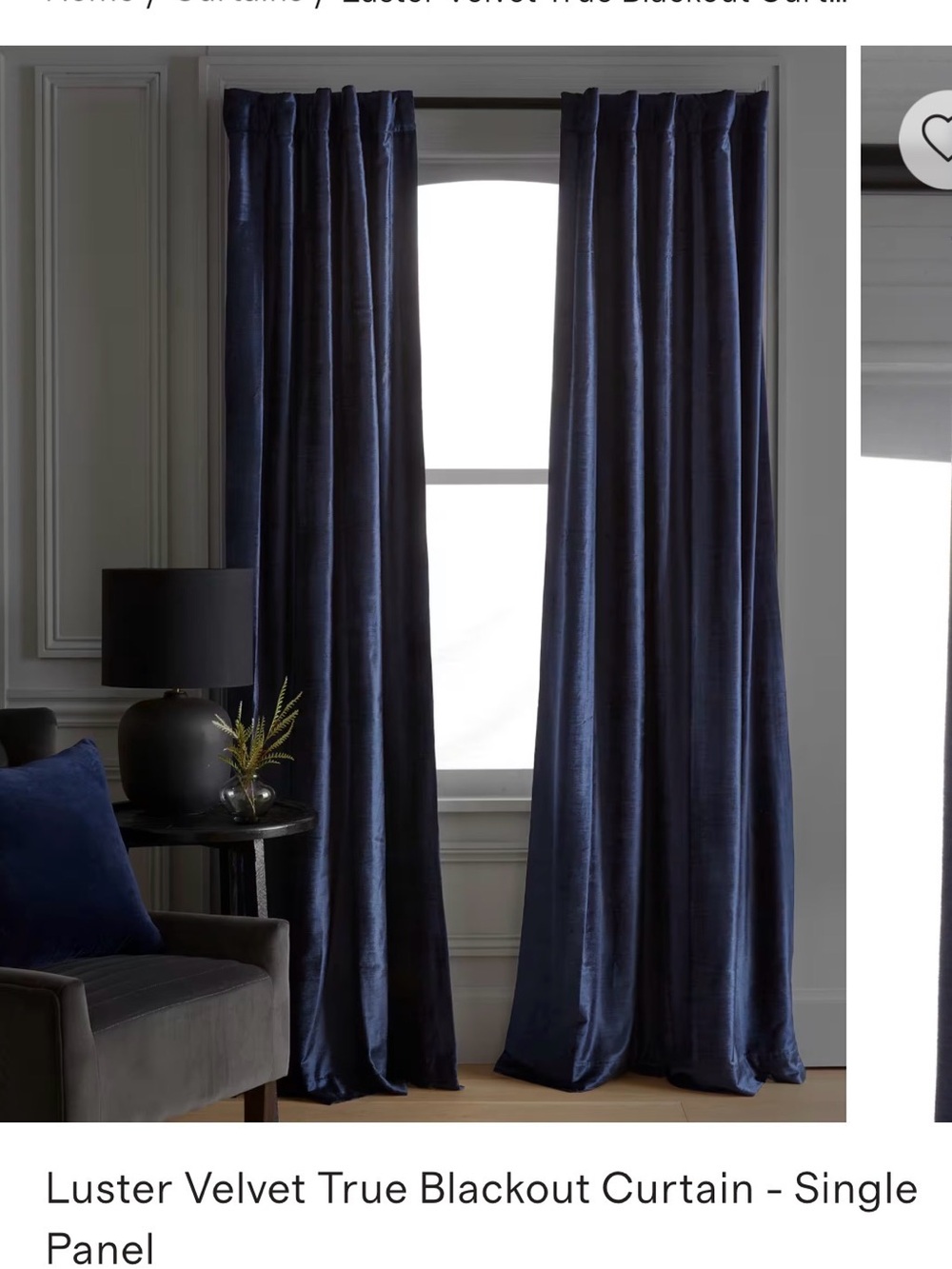 Quince Luster Velvet True Blackout Curtain - Navy 1 panel